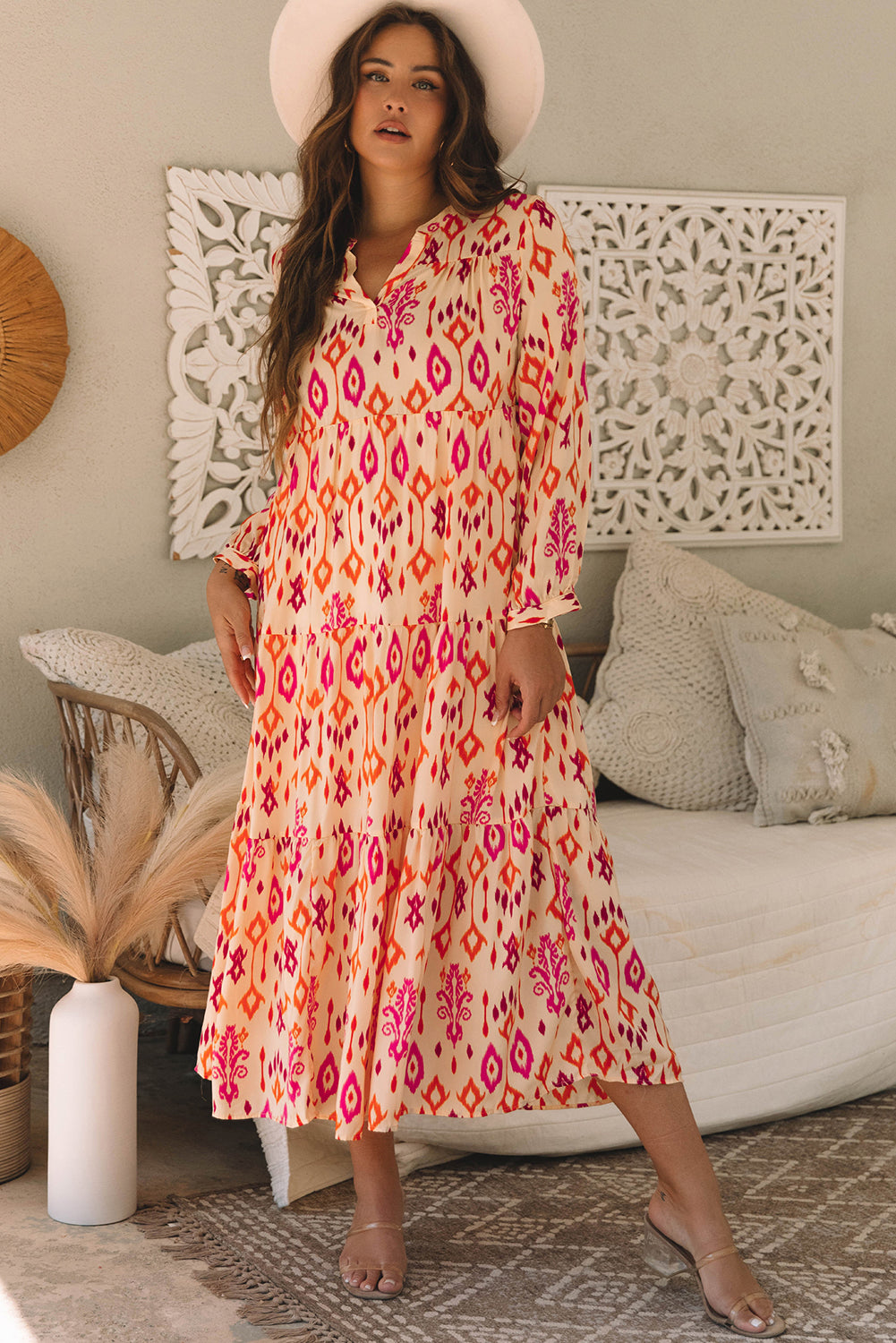 Orange Western Abstract Geometric Printed Maxi Dress