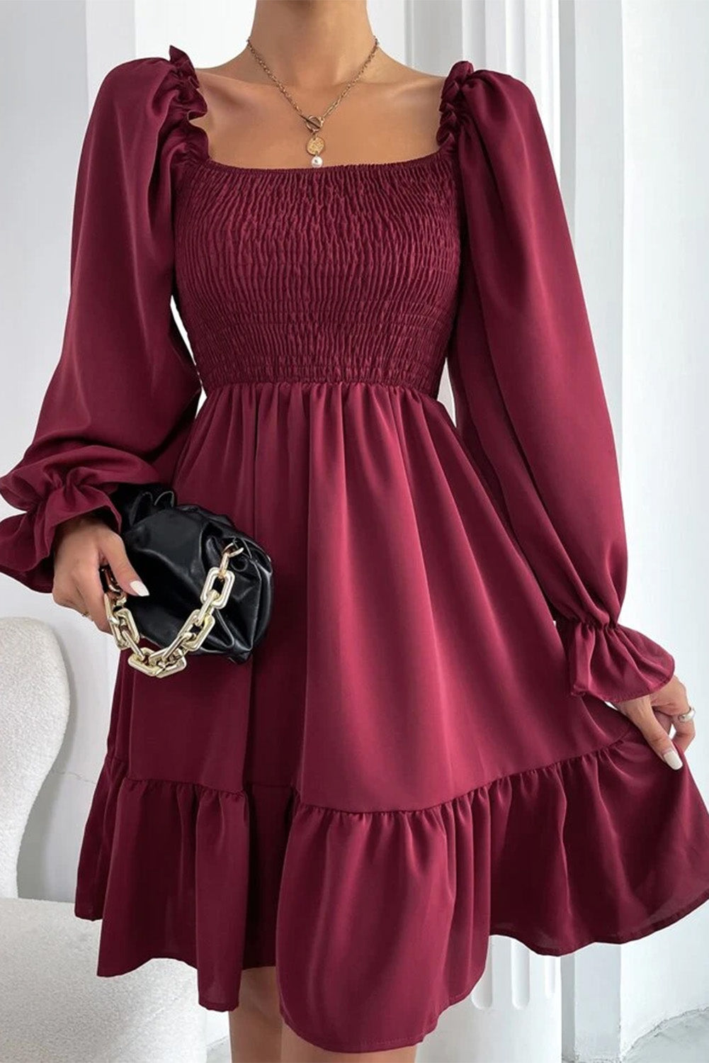 Burgundy Smocked Puff Sleeve Ruffle Mini Dress