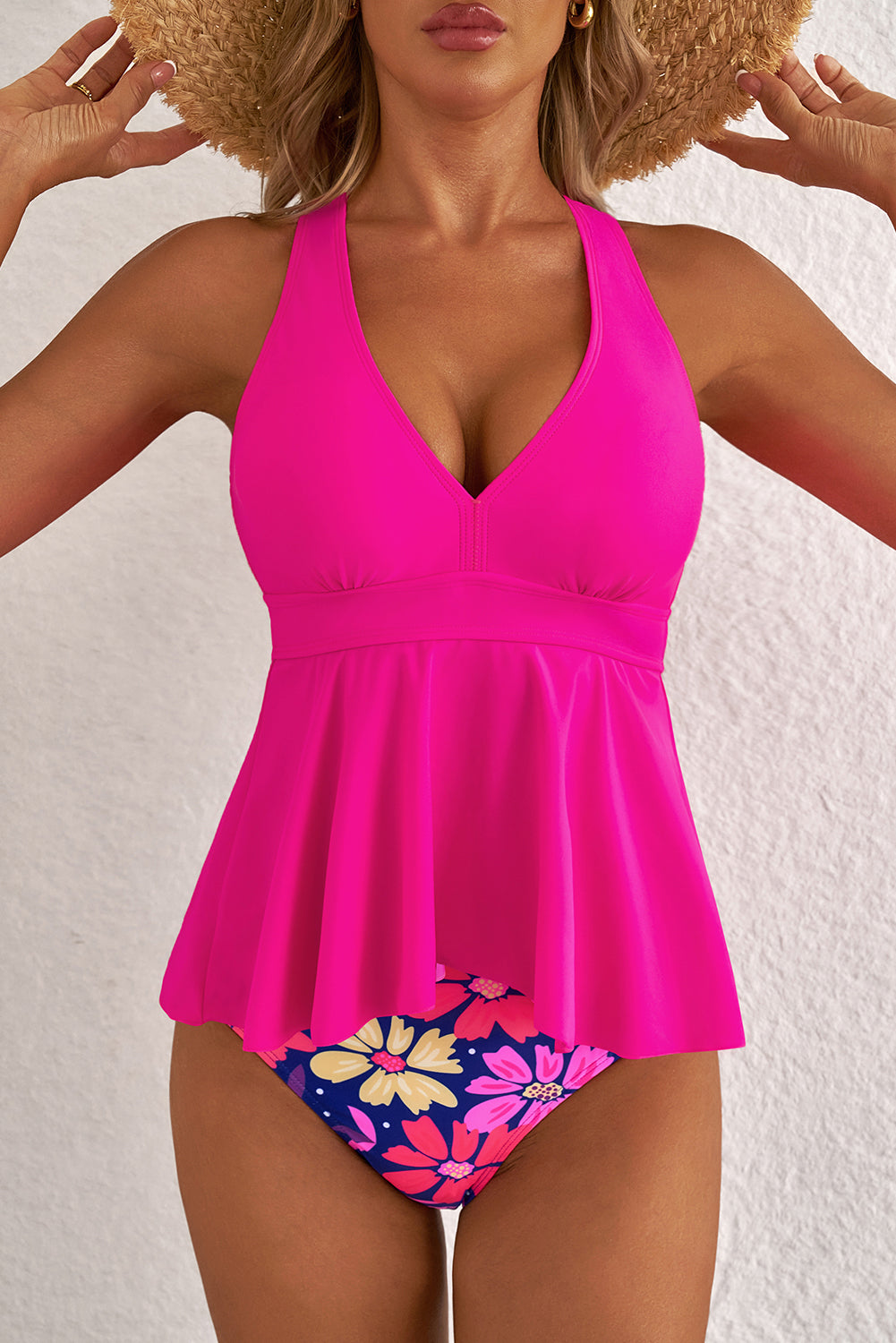 Rose V Neck Ruffled Hem Floral Bottom Tankini Set