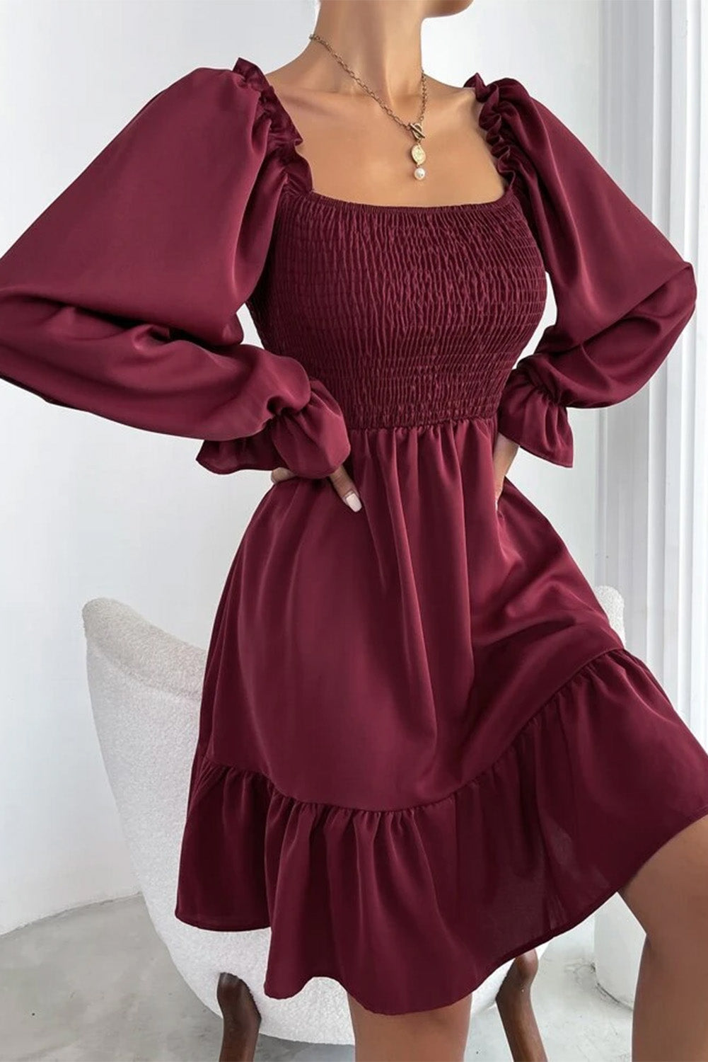 Burgundy Smocked Puff Sleeve Ruffle Mini Dress