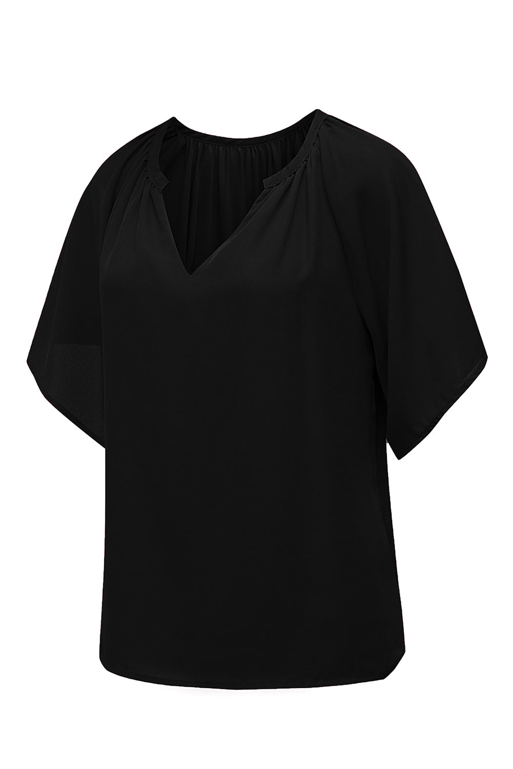 Black Split Neck Pleated Loose Top