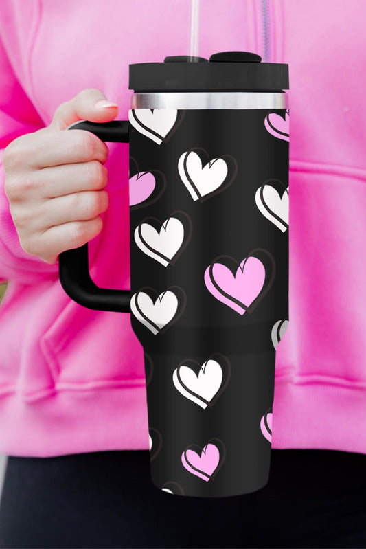 Black Valentines Heart Printed Thermos Cup with Handle 40oz