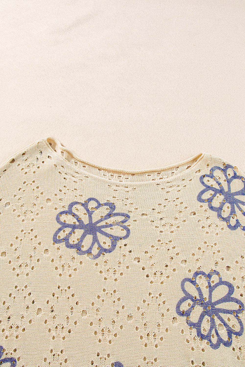 Beige Contrast Flower Print Eyelet Drop Shoulder Sweater