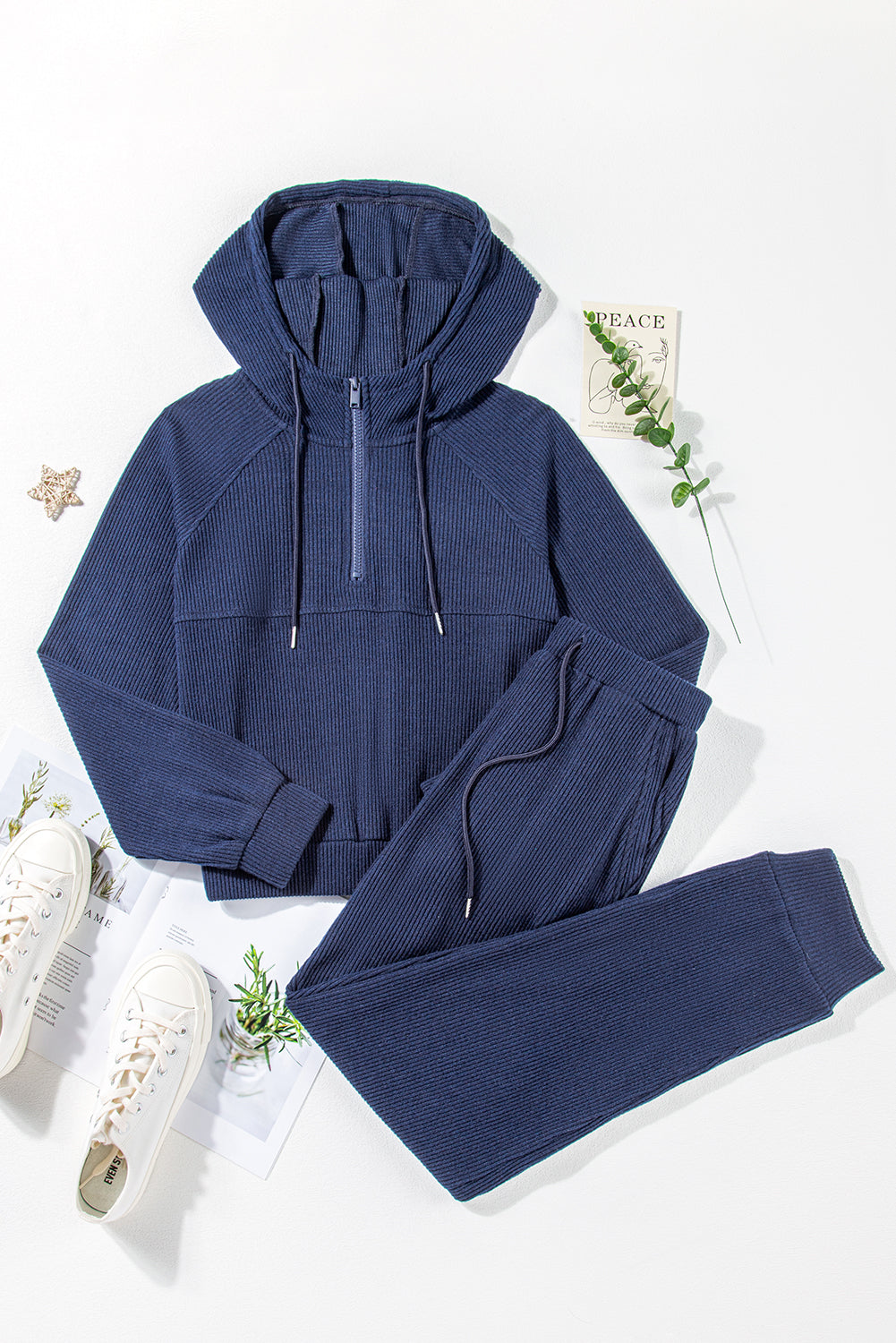 Navy Blue Ribbed Knit Cropped Hoodie and Drawstring Joggers Set