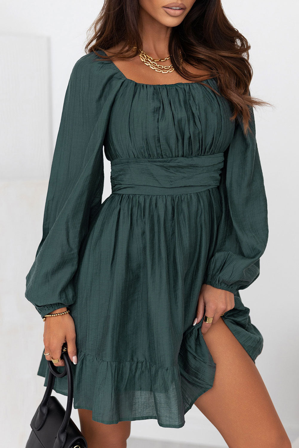 Green Ruched Square Neck Puff Sleeve Mini Dress