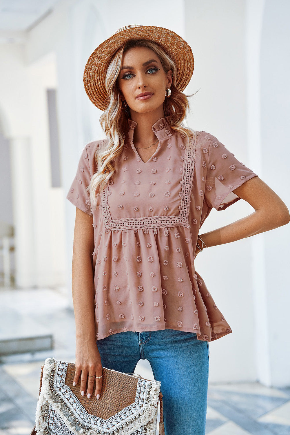 Pink Swiss Dot Short Sleeve Flowy Top