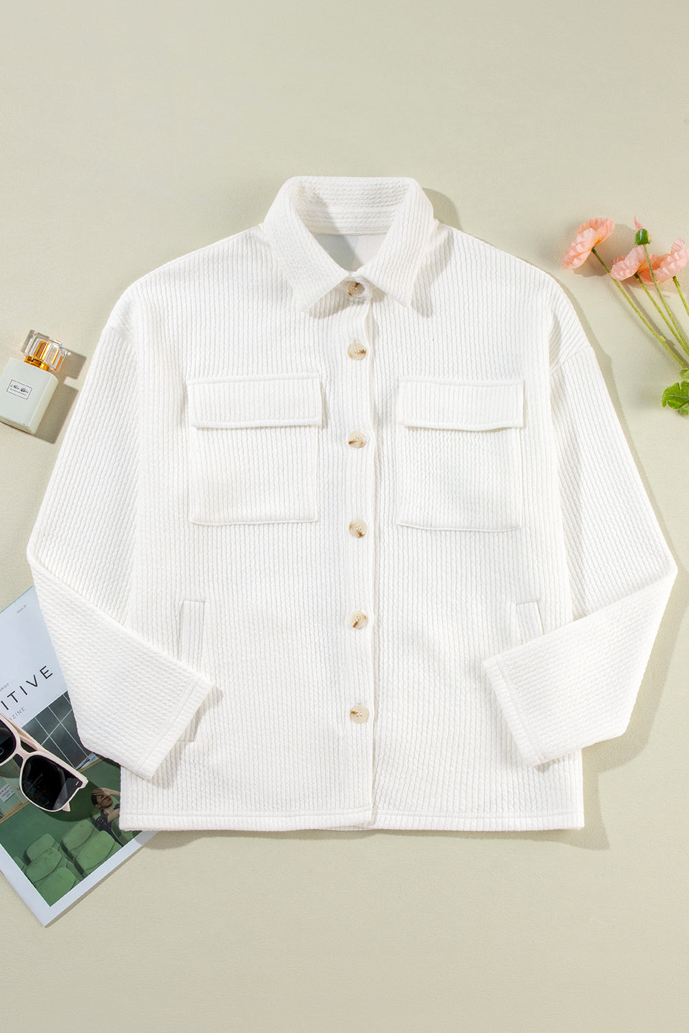 White Solid Color Corduroy Buttoned Long Sleeve Shacket