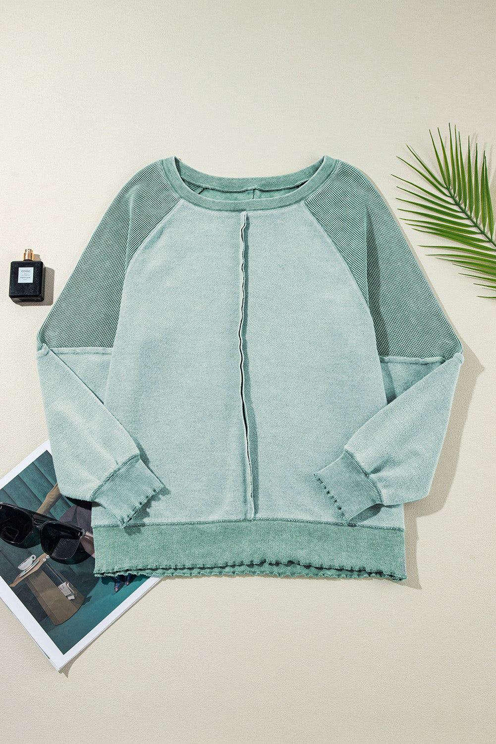 Mineral Blue Waffle Knit Patchwork Exposed Seam Raglan Sweatshirt