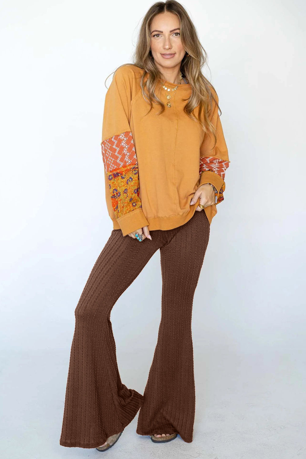 Coffee Textured Knit Mid Waist Flare Pants