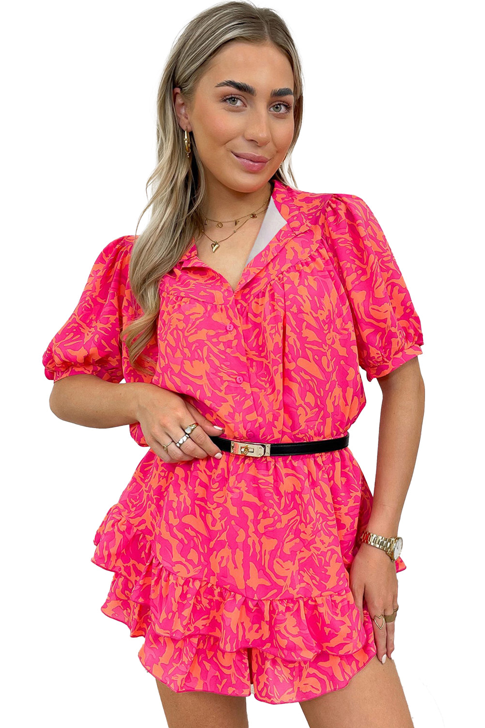 Rose Abstract Print Puff Short Sleeve Ruffled Mini Dress