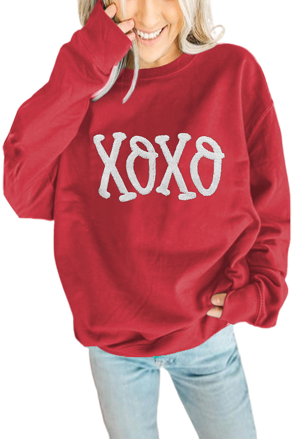 Racing Red Aphabet Chenille Embroidered Pullover Sweatshirt