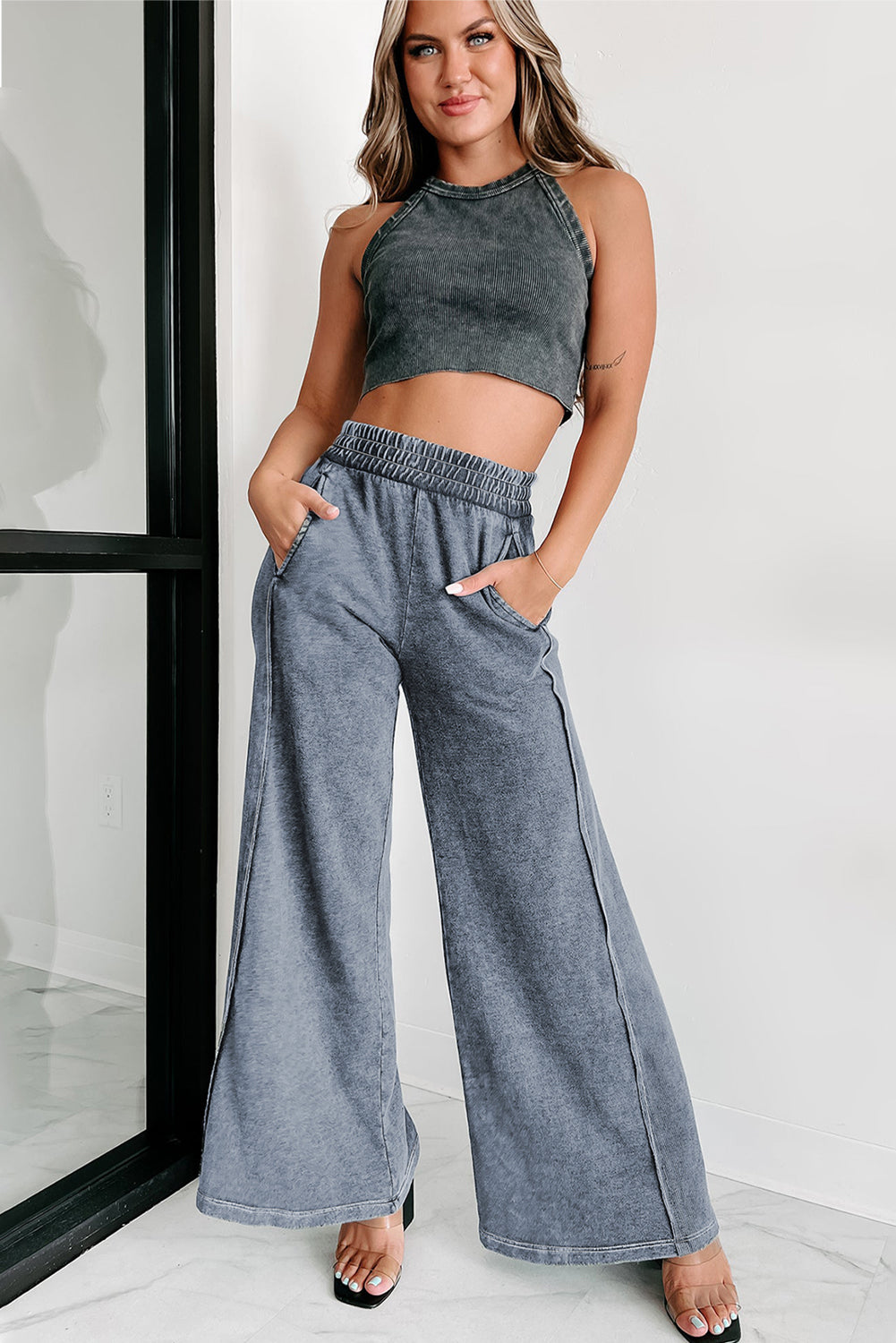 Black Mineral Wash Smocked Waistband Wide Leg Pants