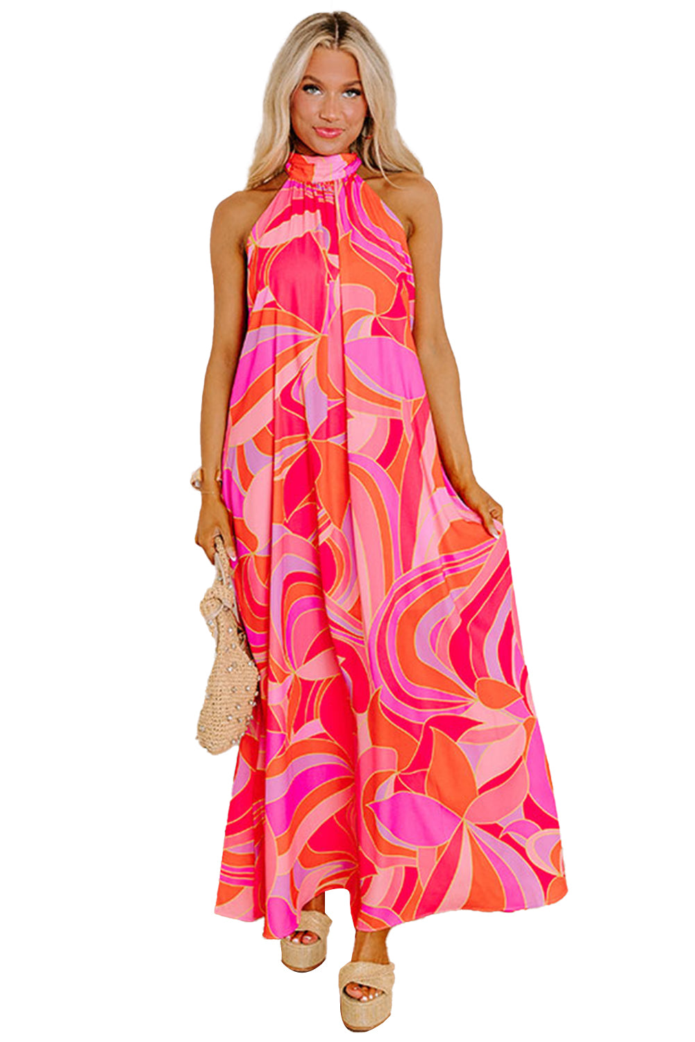 Rose Abstract Printed High Neck Knotted Nape Sleeveless Maxi Dress