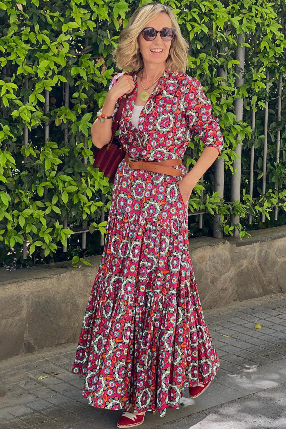 Floral Print Long Sleeve Shirt Bodice Flared Maxi Dress