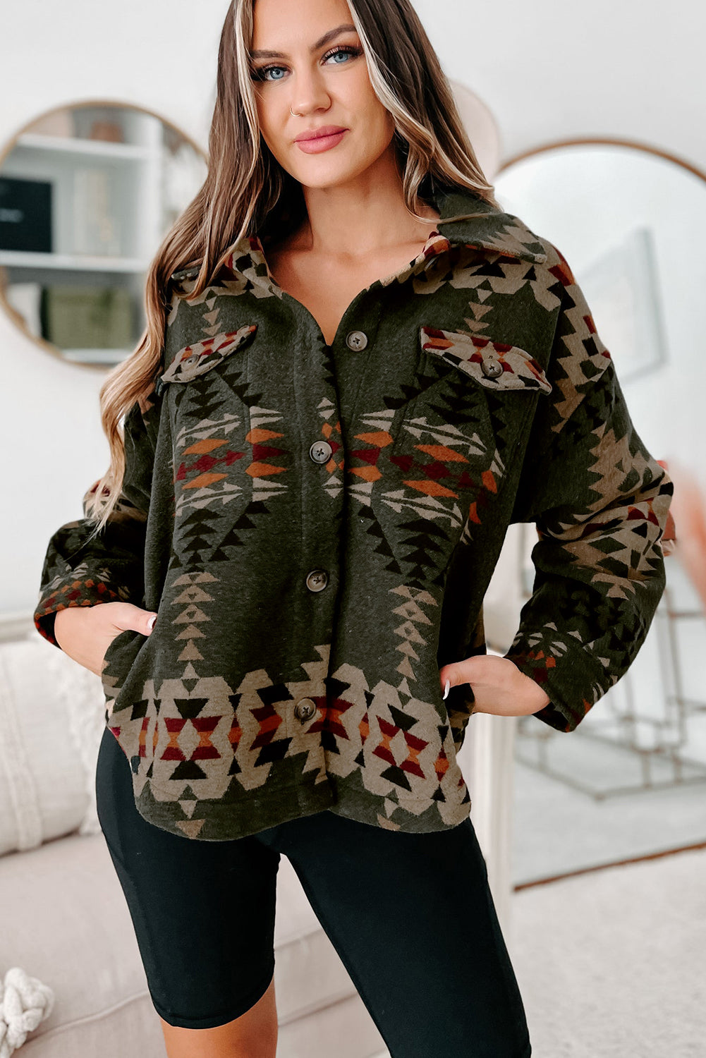 Green Aztec Print Flap Pockets Long Sleeve Shacket