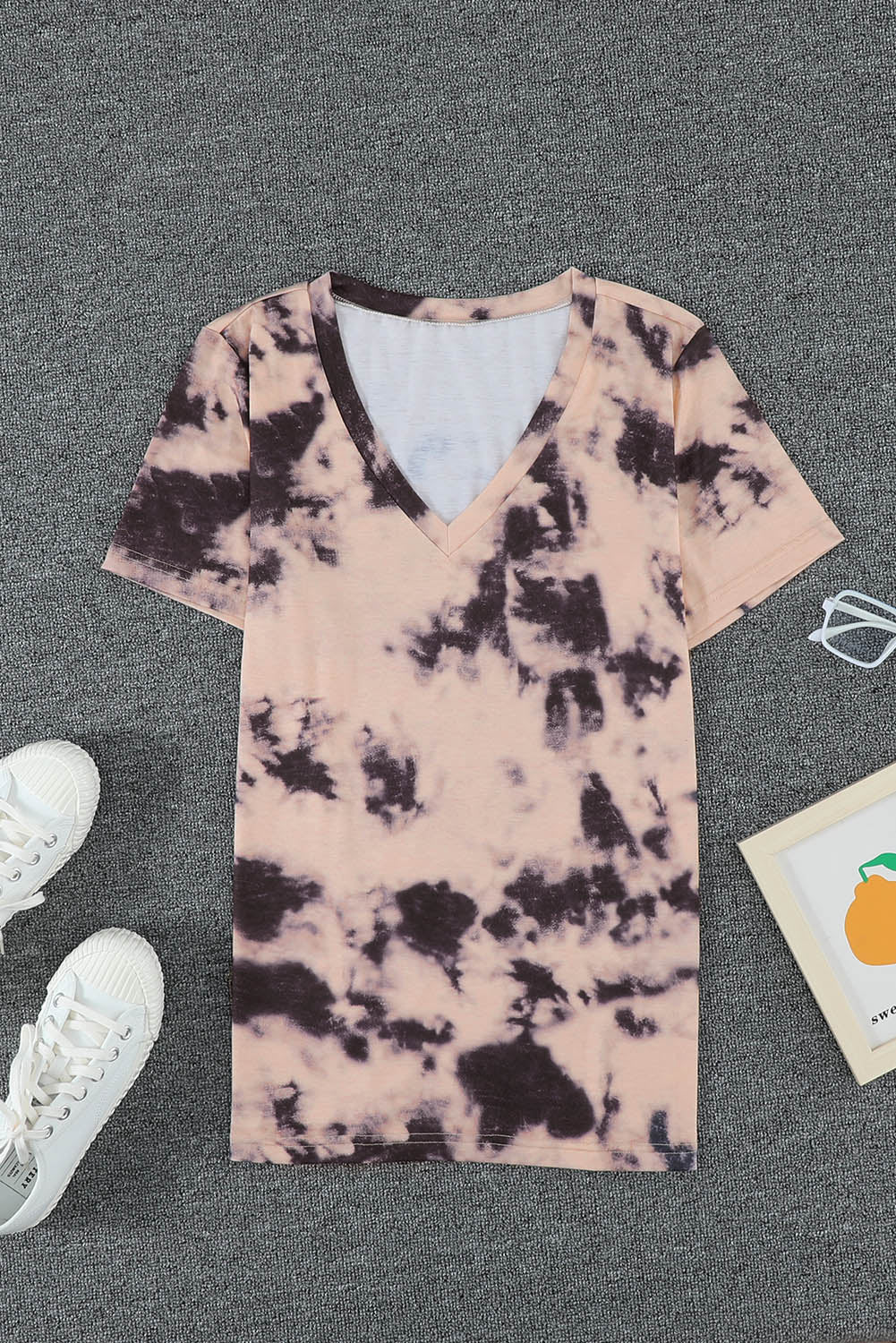 Pink Tie-dye V Neck T-shirt