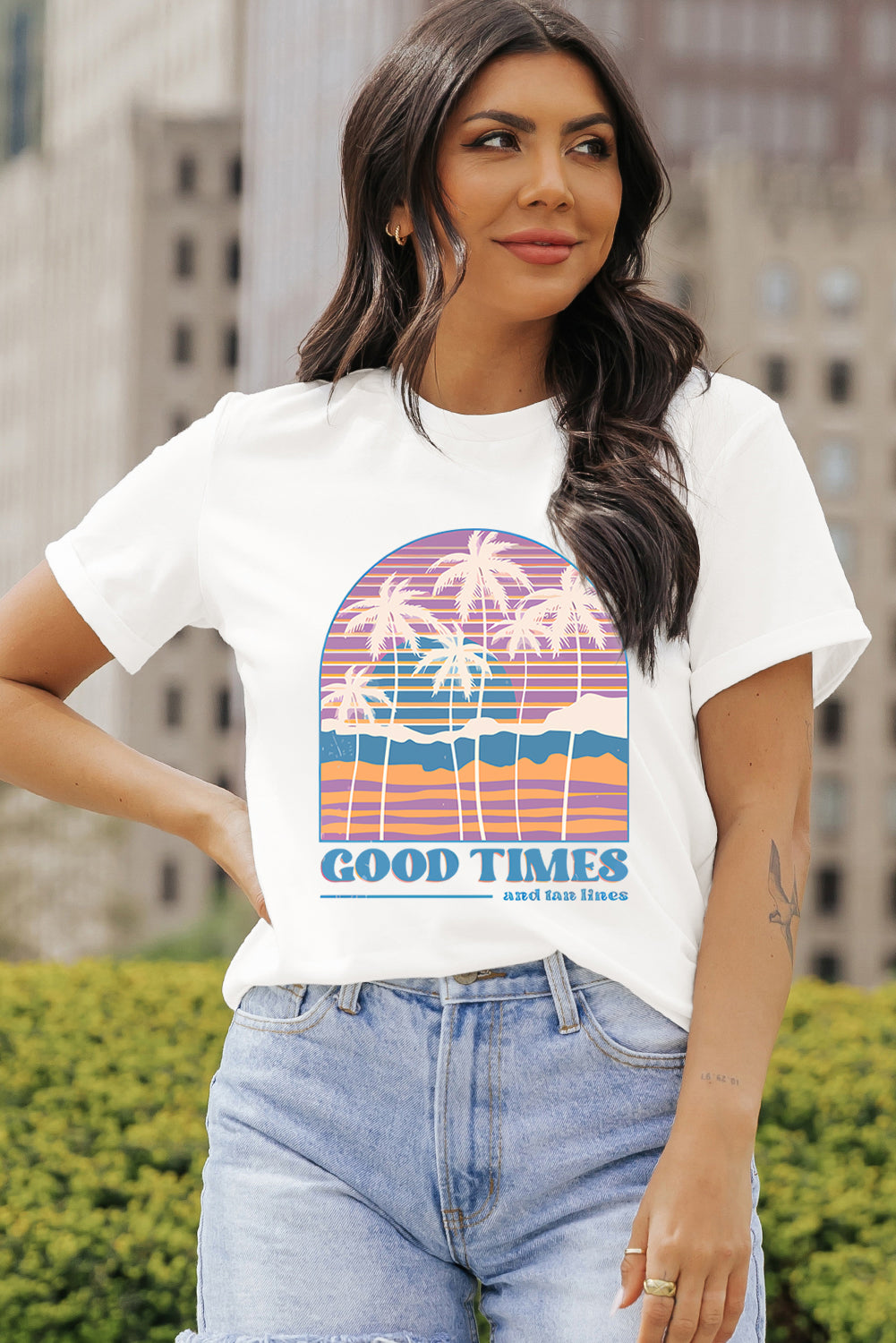 White Coconut Tree GOOD TIMES Graphic Crewneck T Shirt