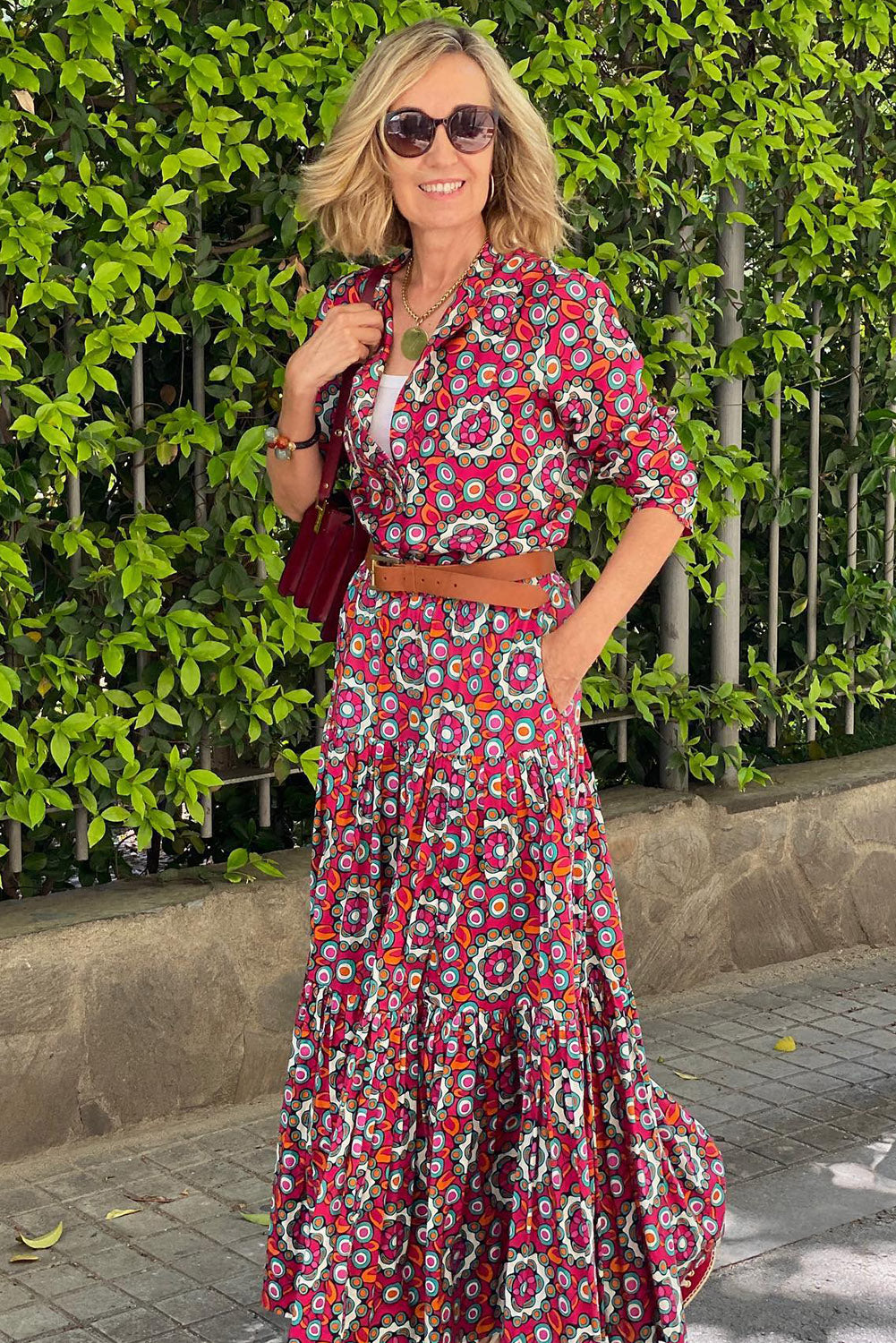 Floral Print Long Sleeve Shirt Bodice Flared Maxi Dress