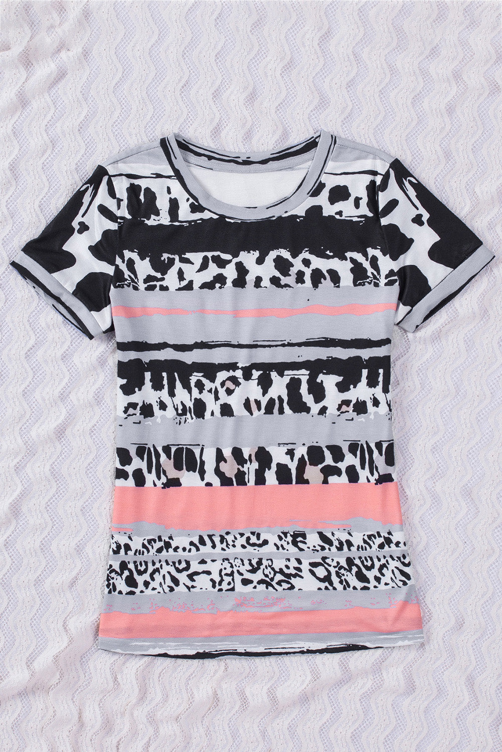 Gray Cow Leopard Striped O-Neck Western Tee