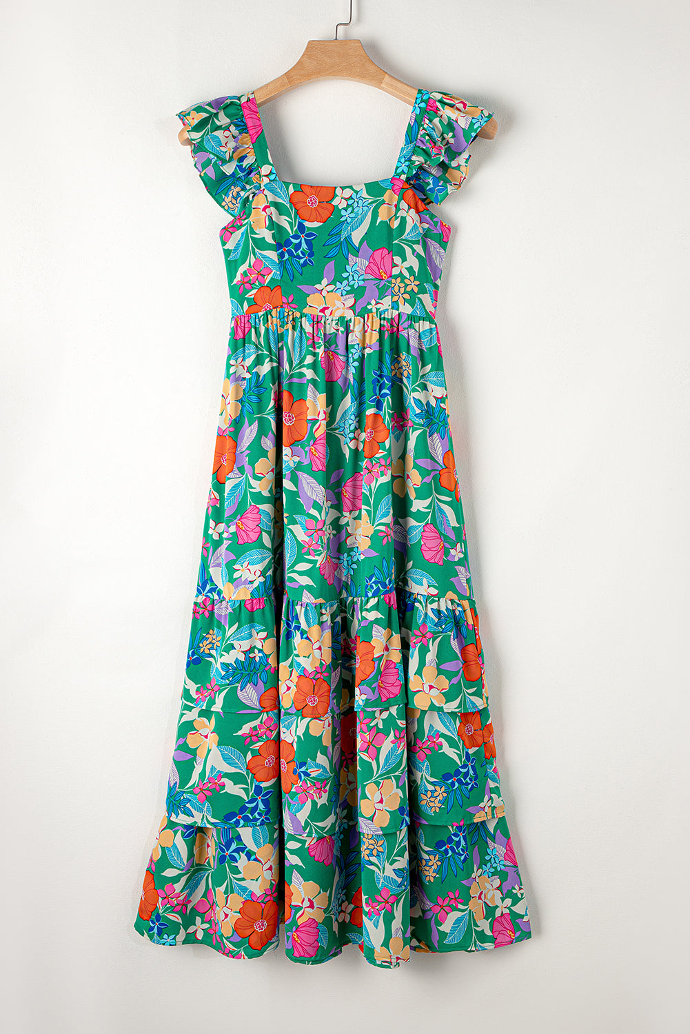 Green Floral Print Sleeveless Ruffle Tiered Maxi Dress