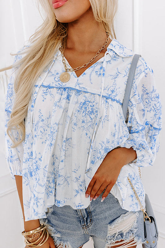 Sky Blue Floral 3/4 Sleeve Tied Collar Blouse