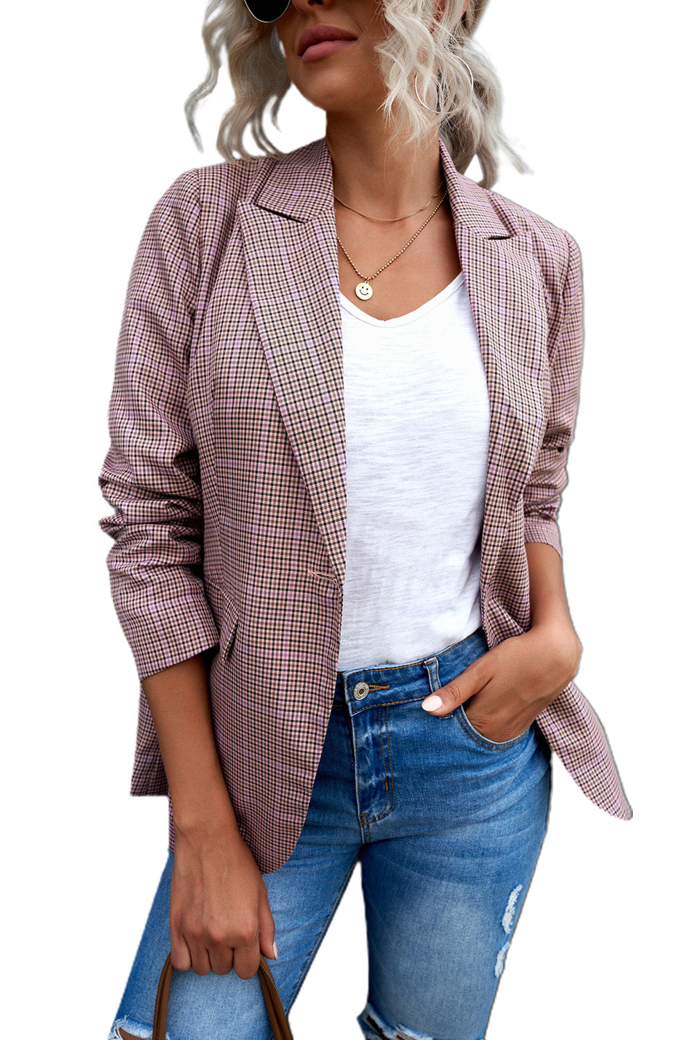 Plaid Print Lapel Collar Buttoned Blazer