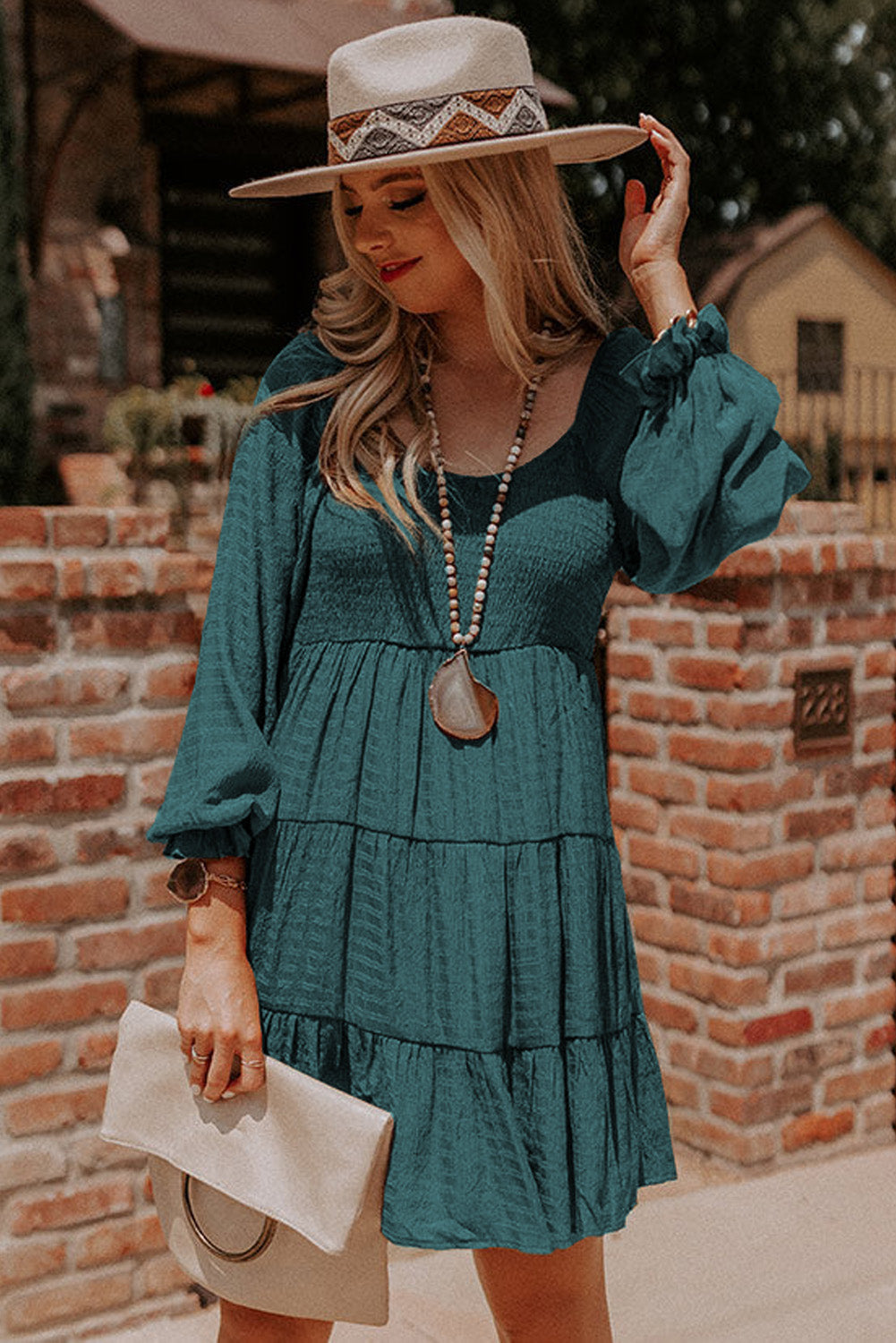 Mist Green Bishop Sleeve Smocked Tiered Mini Dress