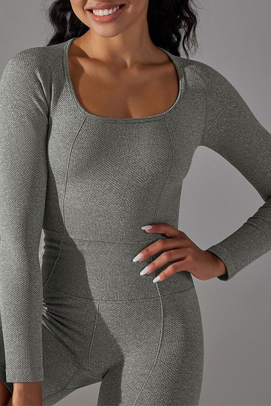 Dark Grey Textured Long Sleeved U Neck Yoga Top