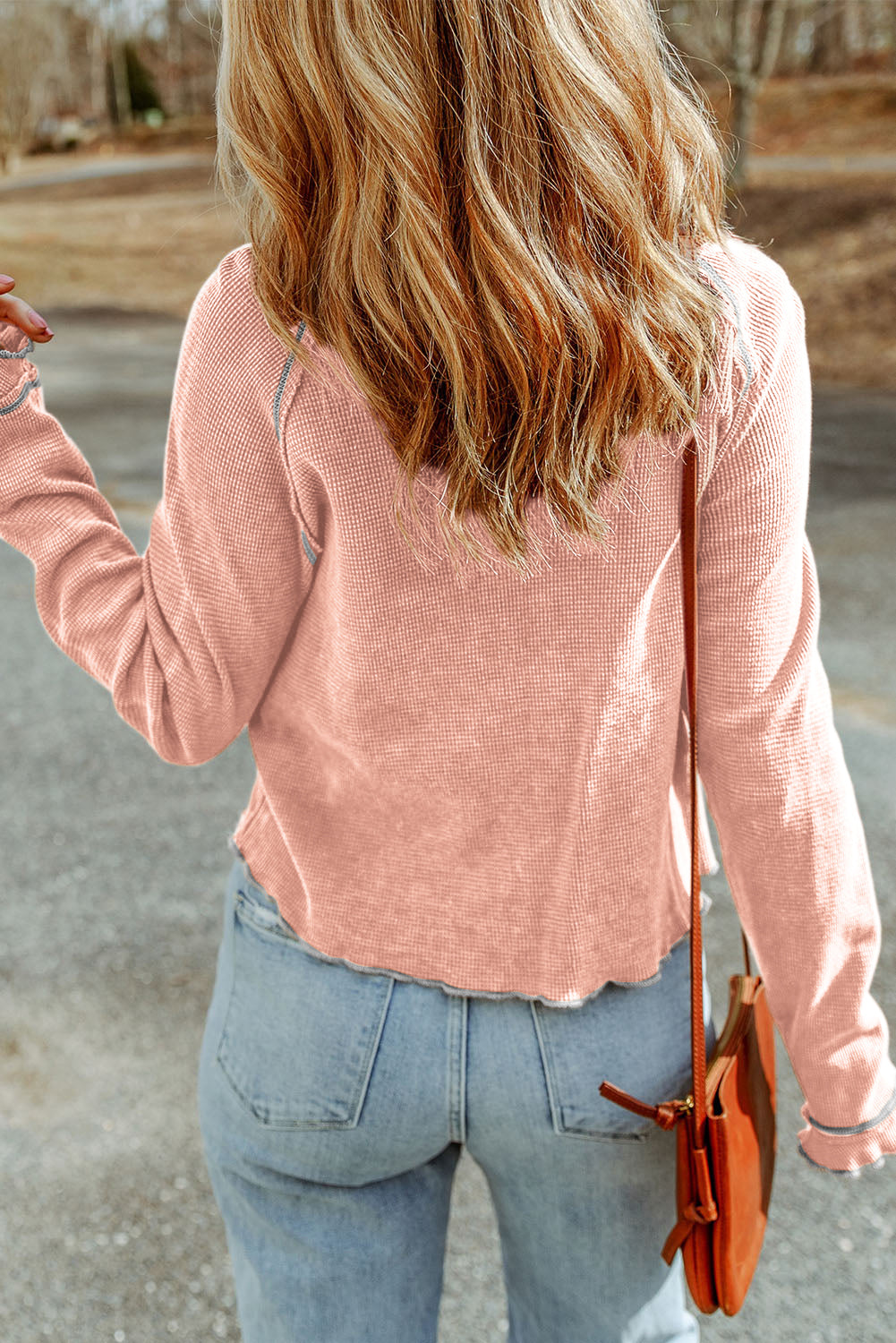 Apricot Pink Textured Round Neck Long Sleeve Top