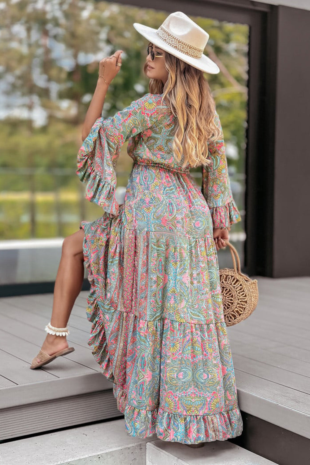 Green Paisley Printed Ruffle Trim Elegant Maxi Dress