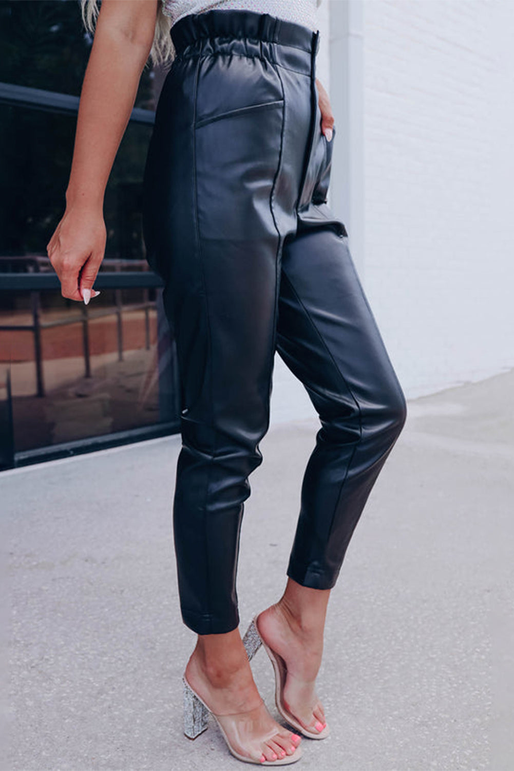 Black Smocked High Waist Faux Leather Skinny Pants