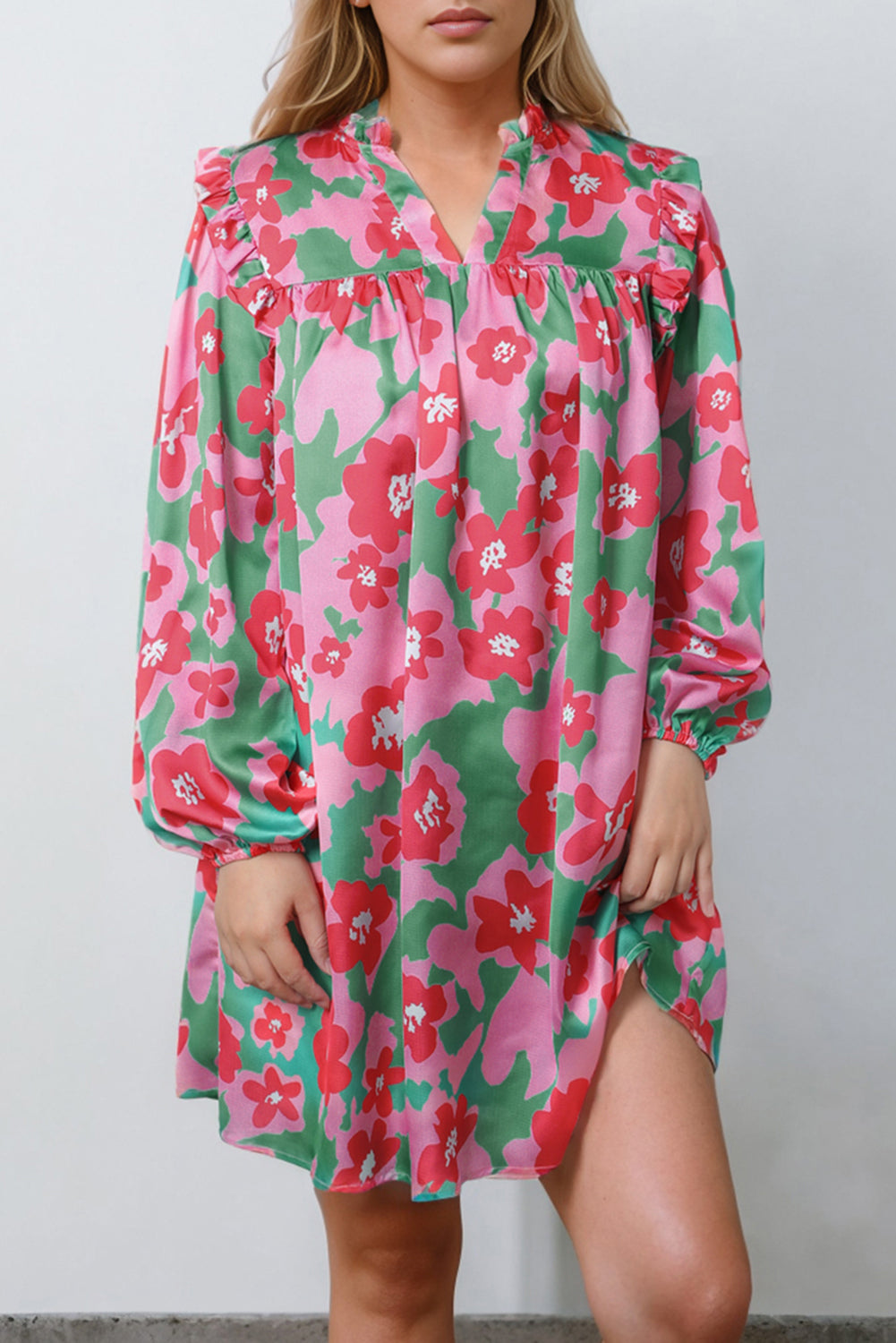 Pink Split V Neck Bubble Sleeve Loose Floral Dress