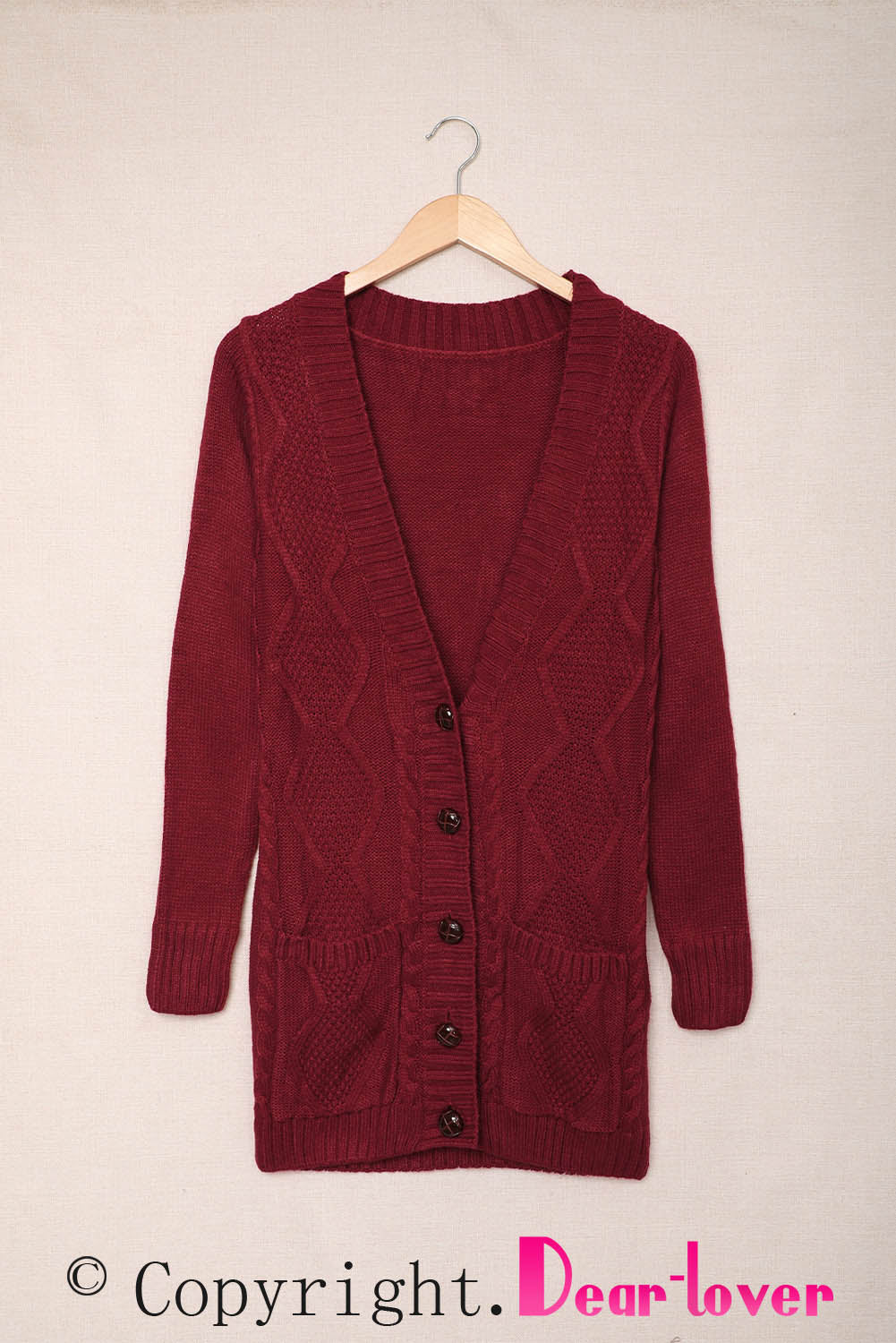 Burgundy Front Pocket and Buttons Closure Cardigan