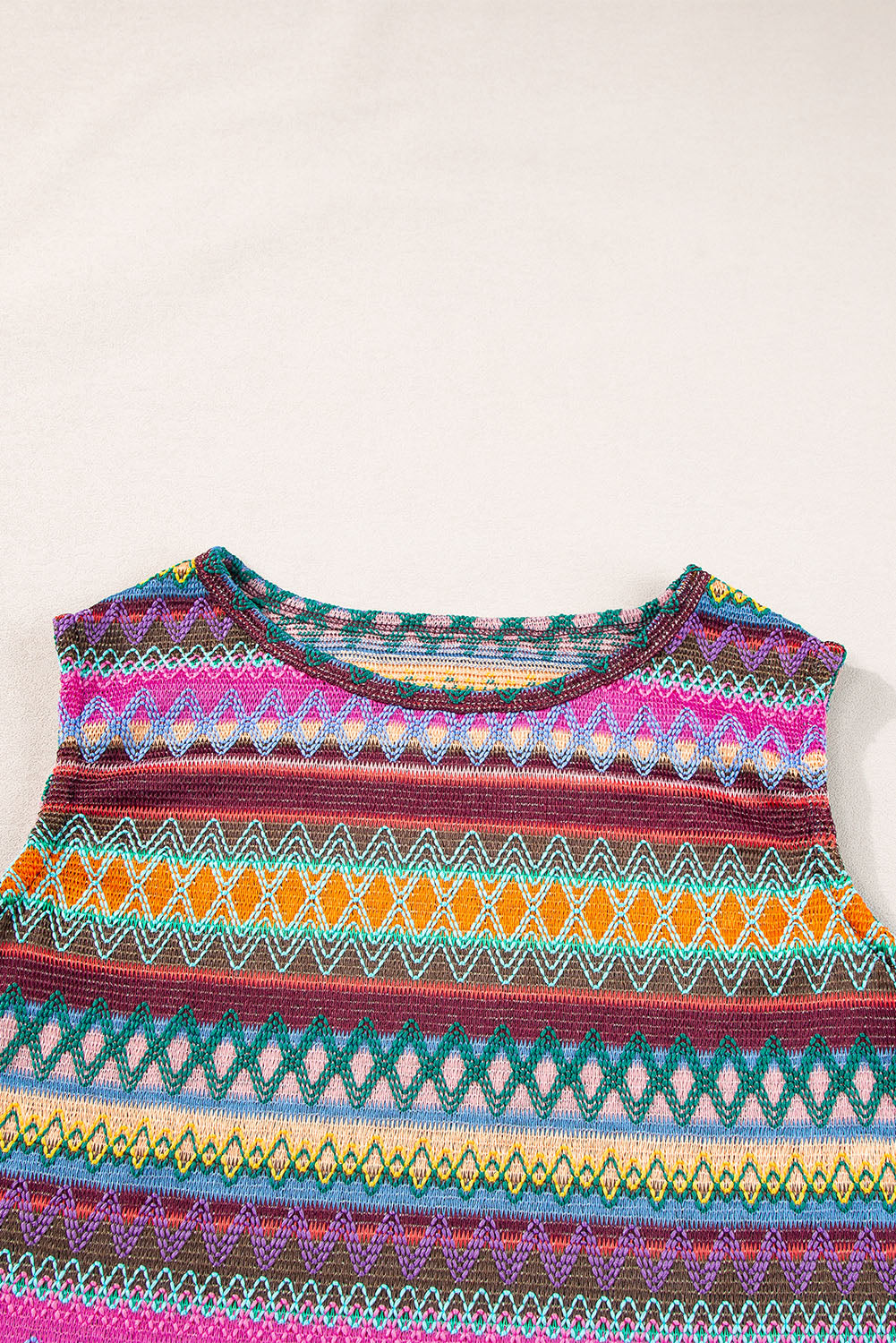 Purple Ethnic Wavy Pattern Round Neck Sleeveless Top