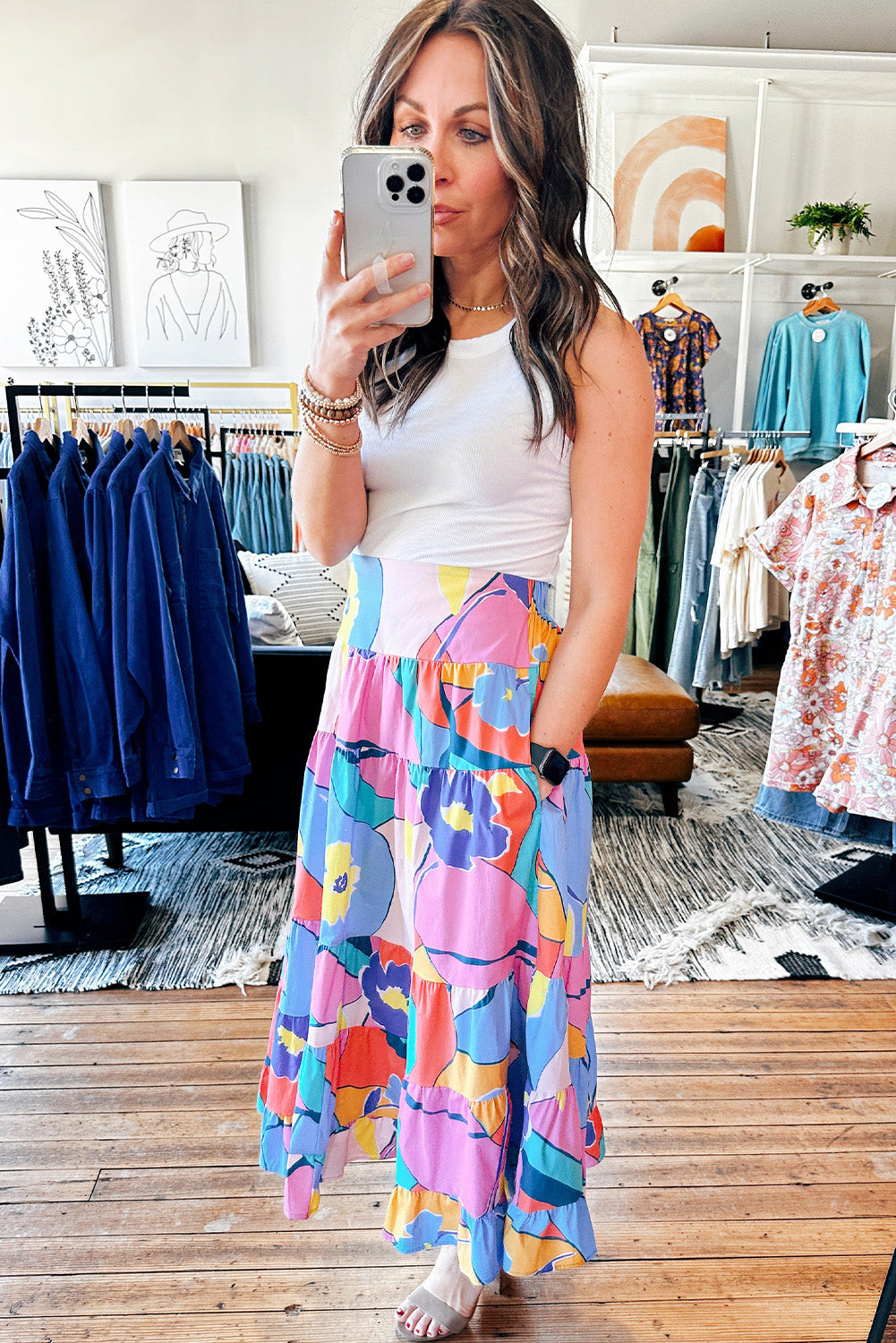 Pink Printed Pocketed High Waist Maxi Skirt