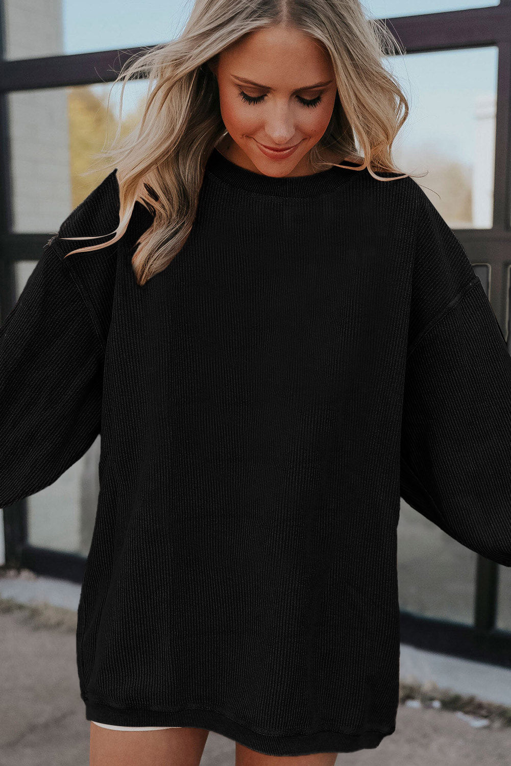 Black Ribbed Corded Oversized Sweatshirt