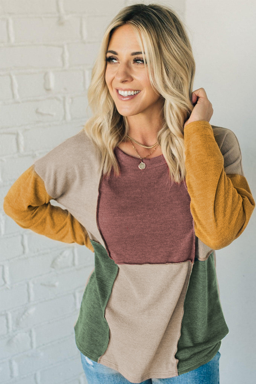 Light French Beige Exposed Seam Colorblock Knit Long Sleeve Top