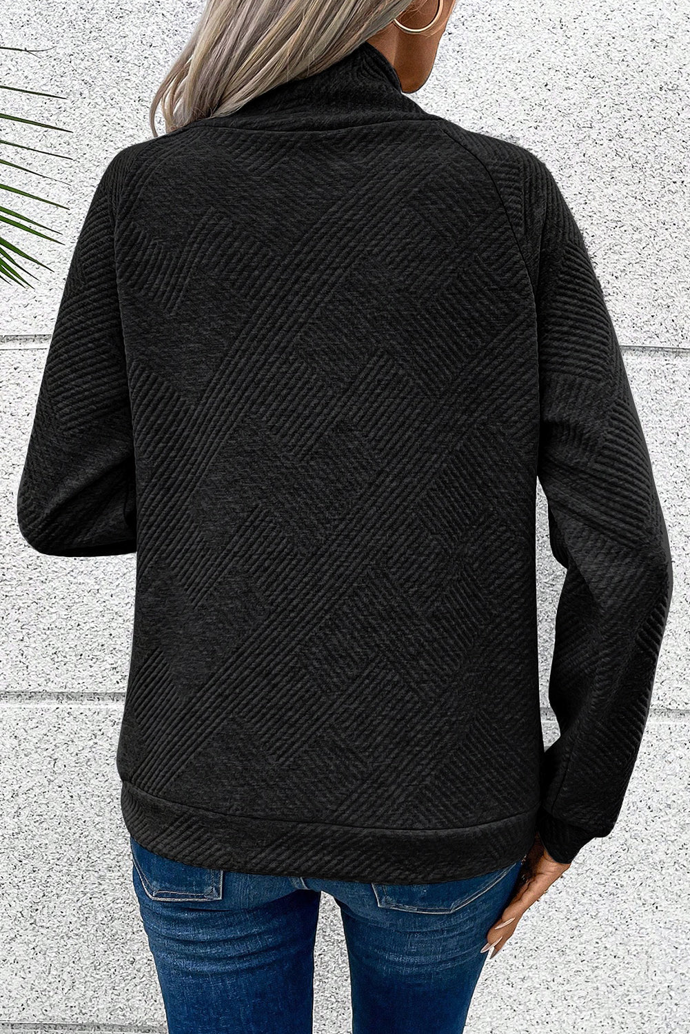 Black Asymmetric Buttons Detail High Neck Textured Sweatshirt