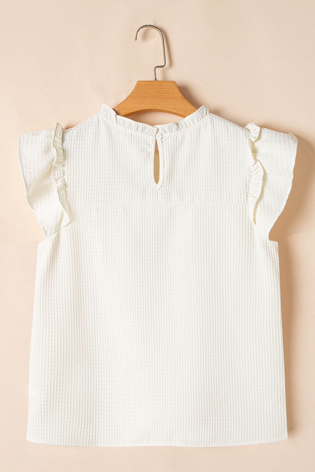 White Solid Color Ruffle Trim Waffle Knit Blouse