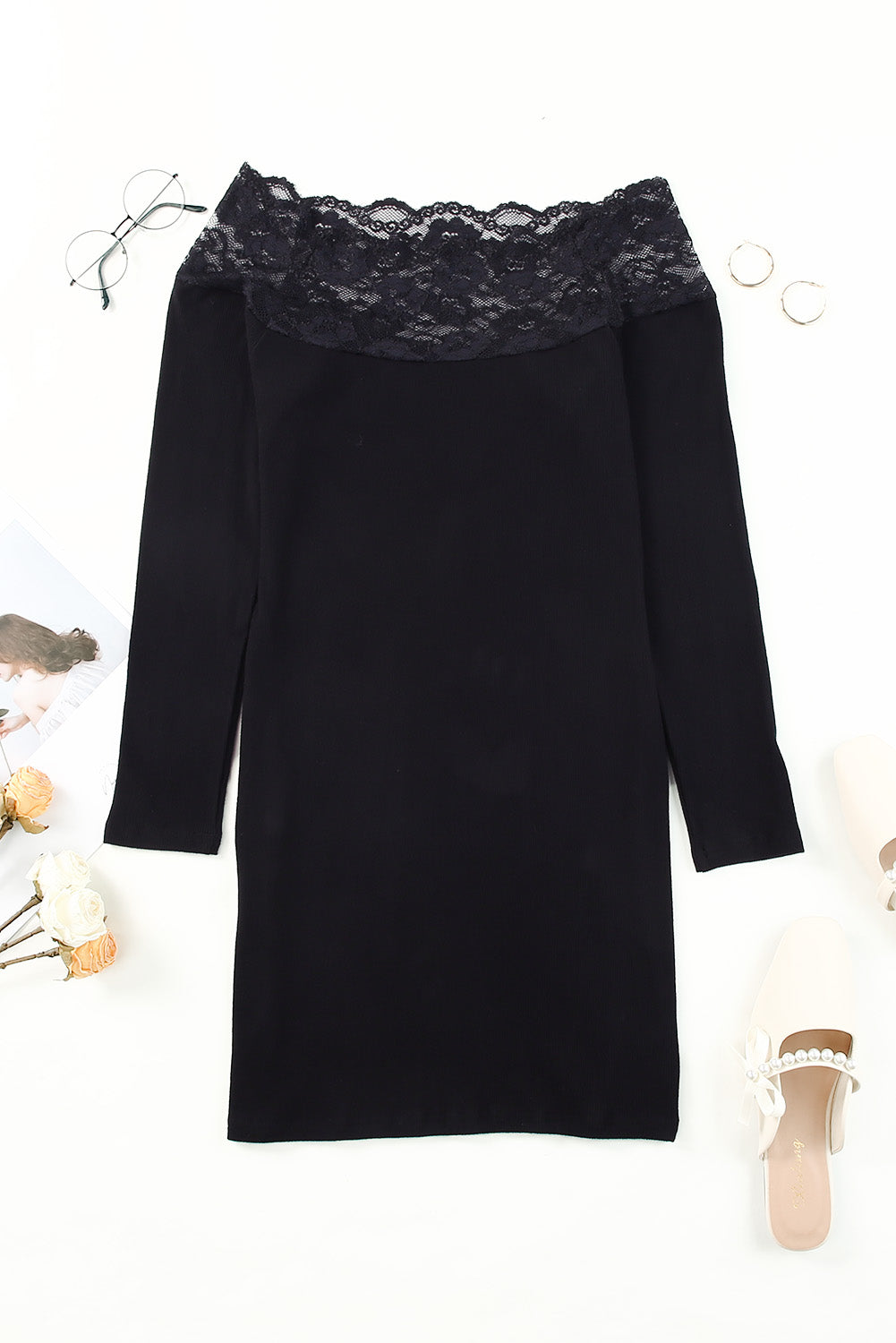 Black Lace Paneled Package Hip Knitted Bodycon Dress