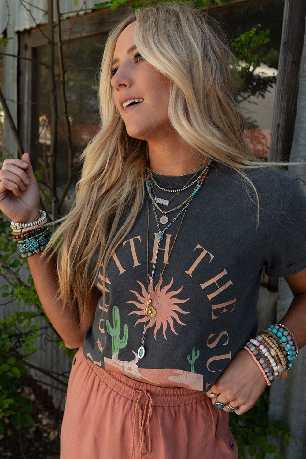 Dark Grey RISE WITH THE SUN Western Fashion Graphic Tee