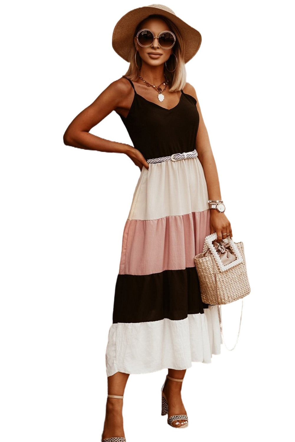 Black Color Block Sleeveless V Neck Long Dress