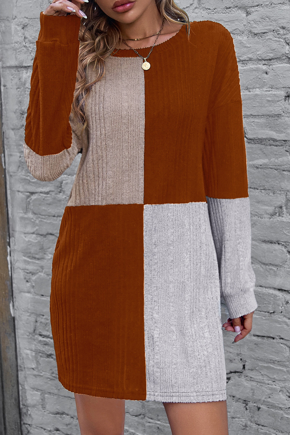 Chestnut Ribbed Color Block Drop Shoulder Long Sleeve Mini Dress