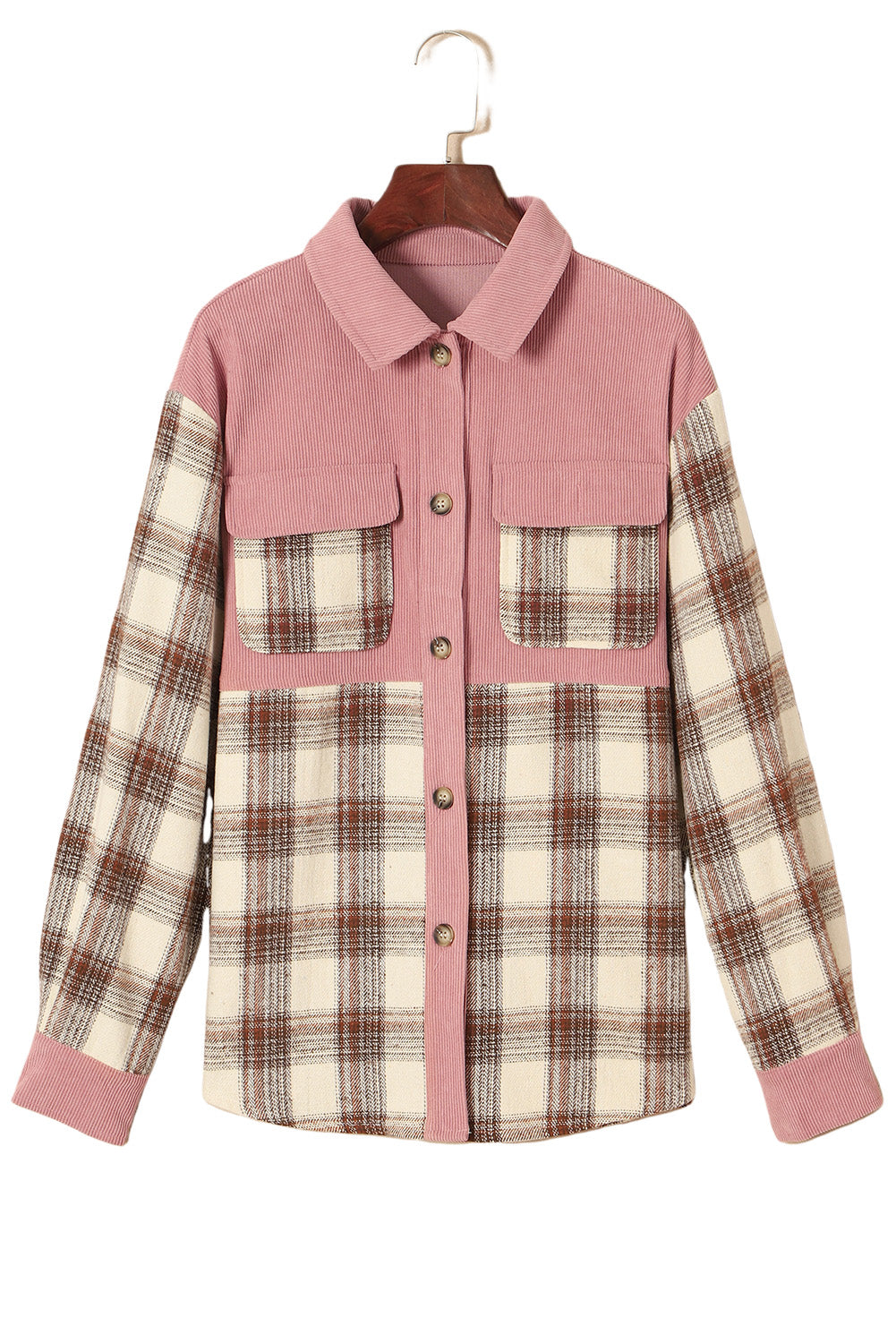 Plaid Corded Patchwork Flap Pocket Shacket