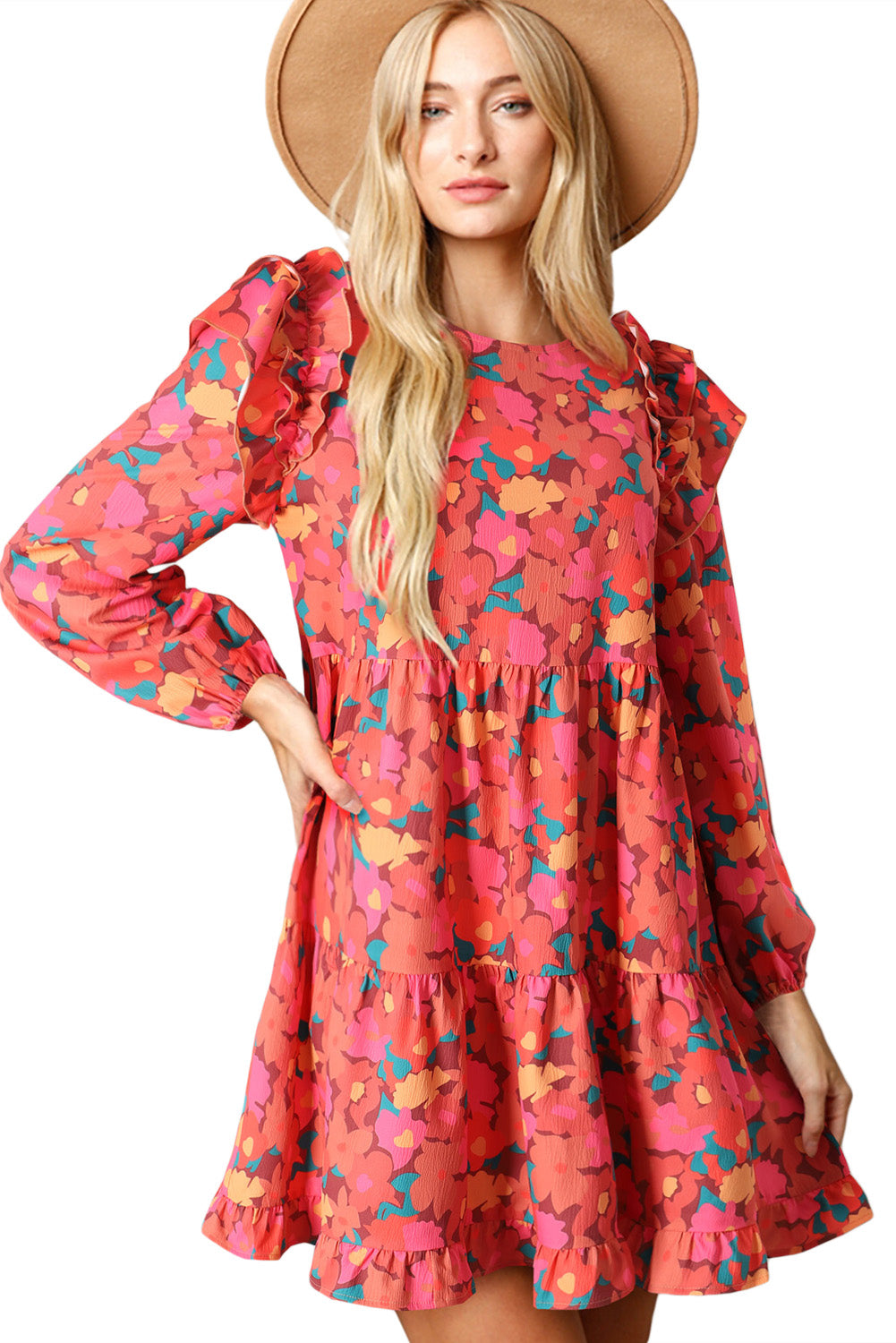 Rose Red Ruffle Shoulder Long Sleeve Floral Mini Dress