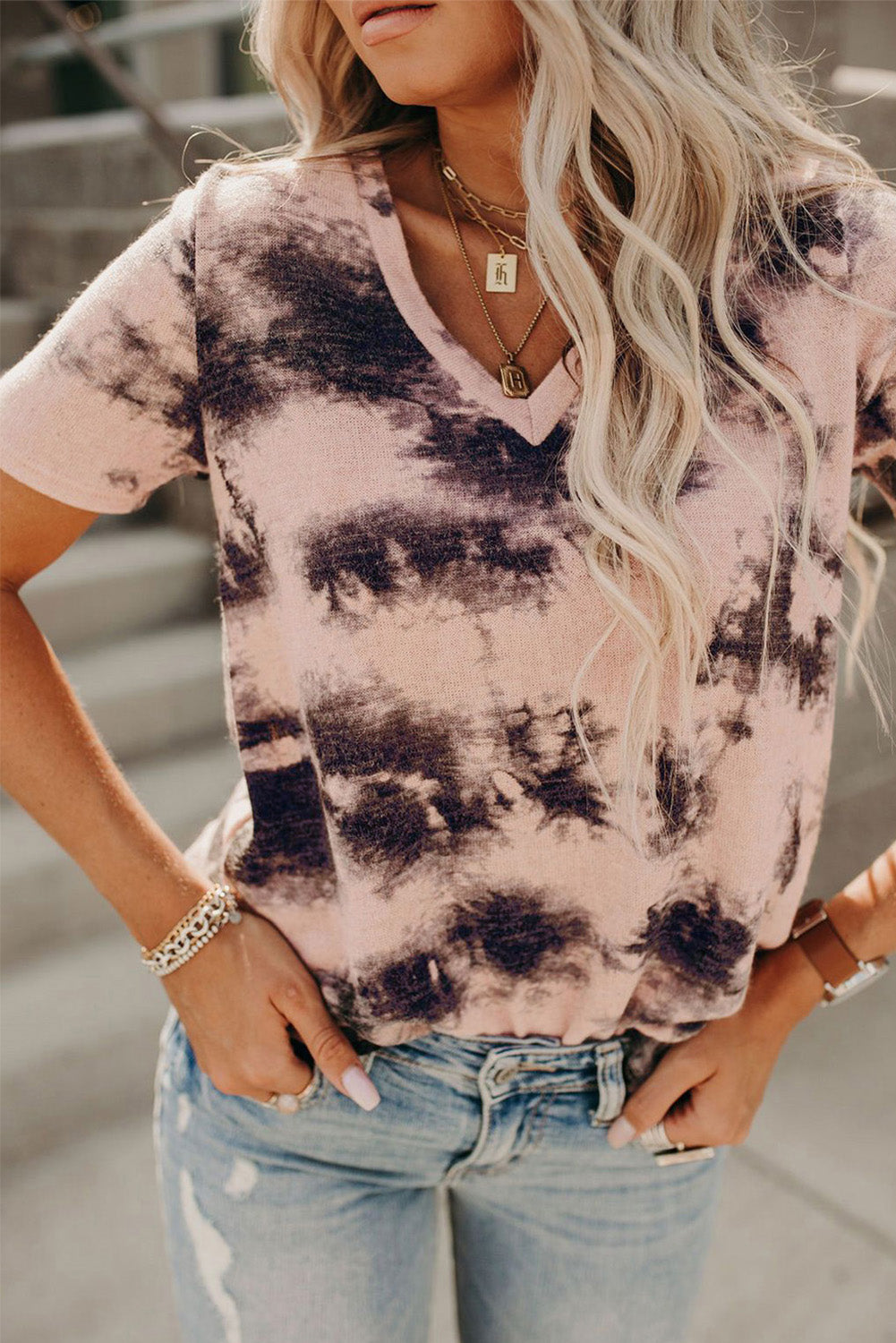 Pink Tie-dye V Neck T-shirt