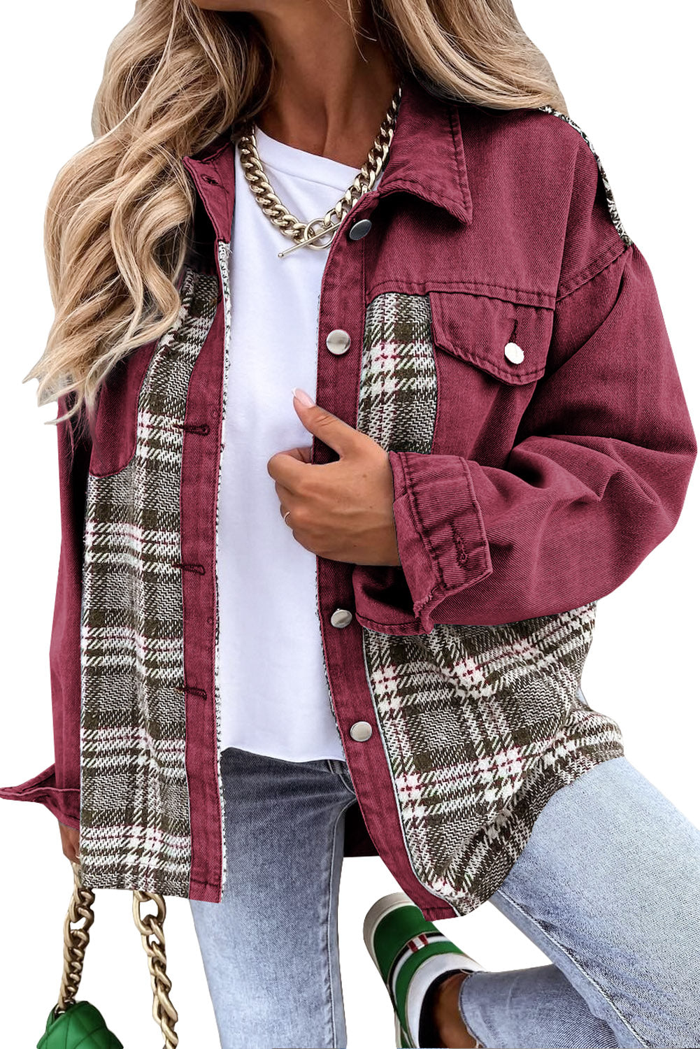 Fiery Red Plaid Patchwork Pockets Denim Jacket