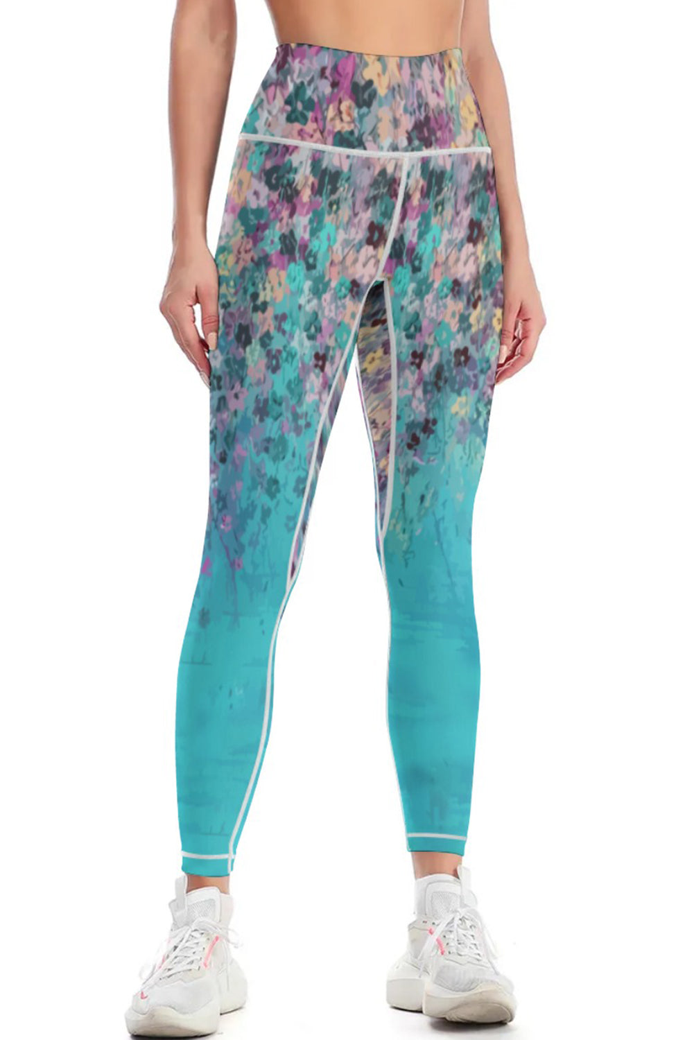 Sky Blue Contrast Trim Abstract Floral Yoga Pants