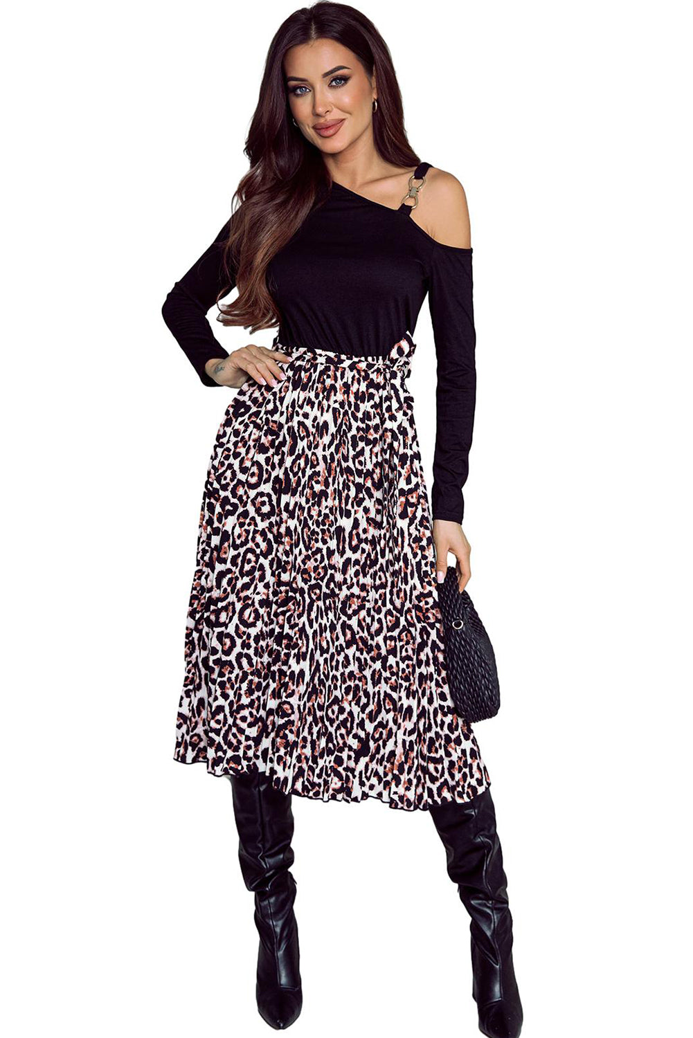 Black Asymmetric Shoulder Leopard Belted Dress