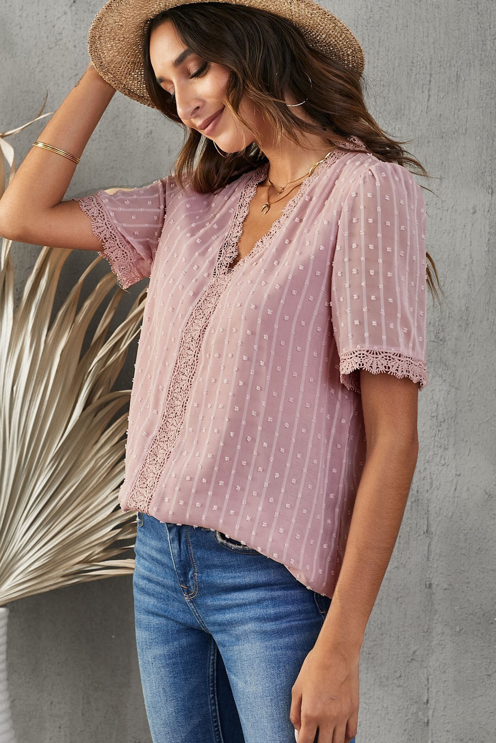 Pink Lace Splicing V-Neck Swiss Dot Short Sleeve Top